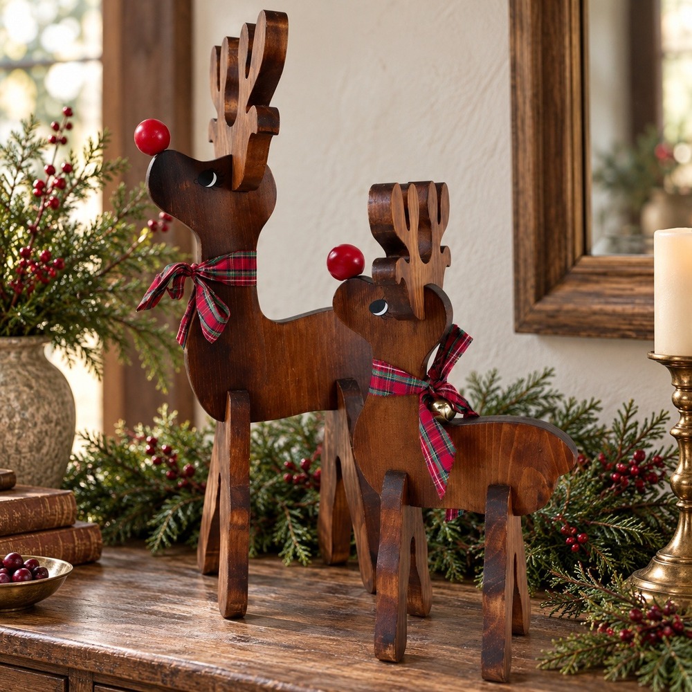 Set of 2 Vintage Wooden Reindeer Christmas Decor Flat Pack Folk Art Handmade 90s